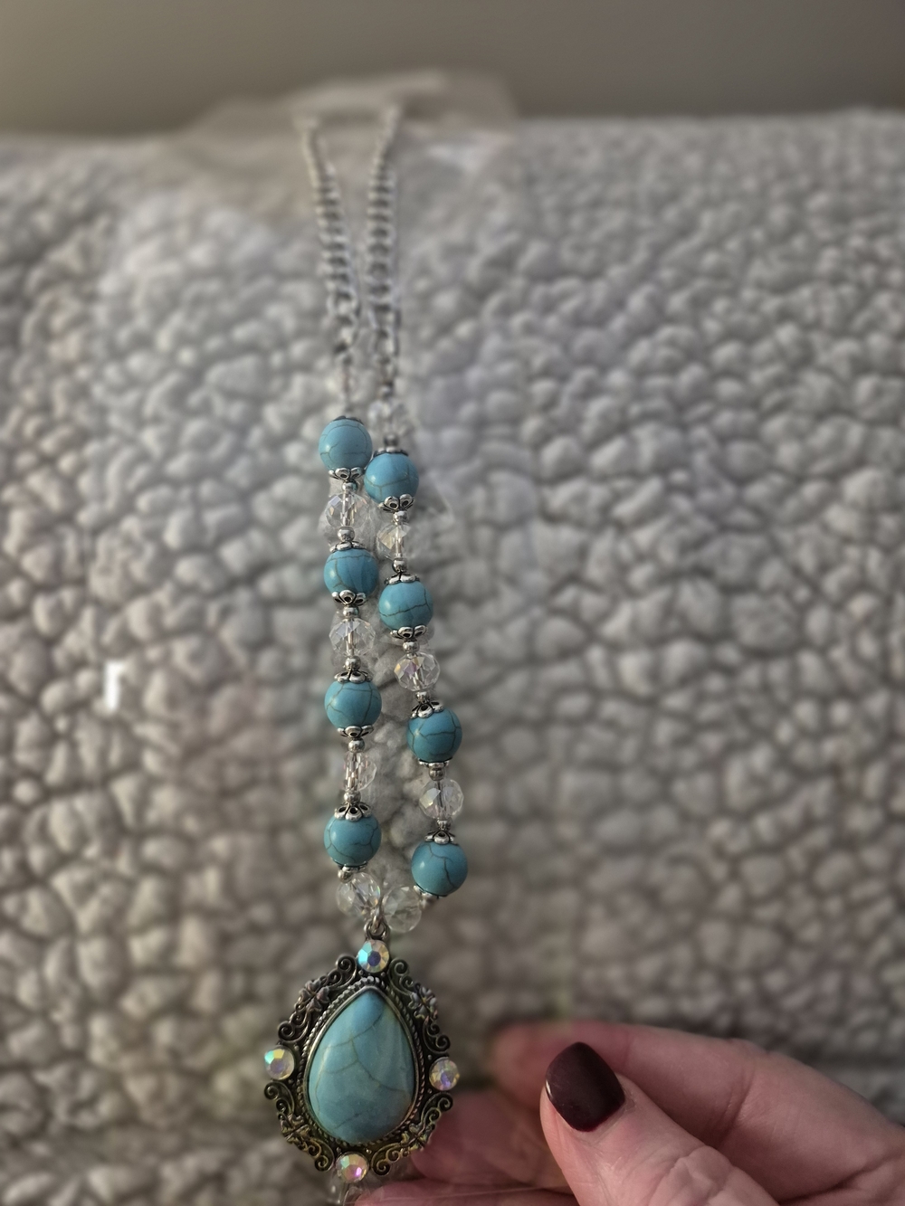 Turquoise Teardrop Pendant Necklace - Blue Beaded Women Jewelry